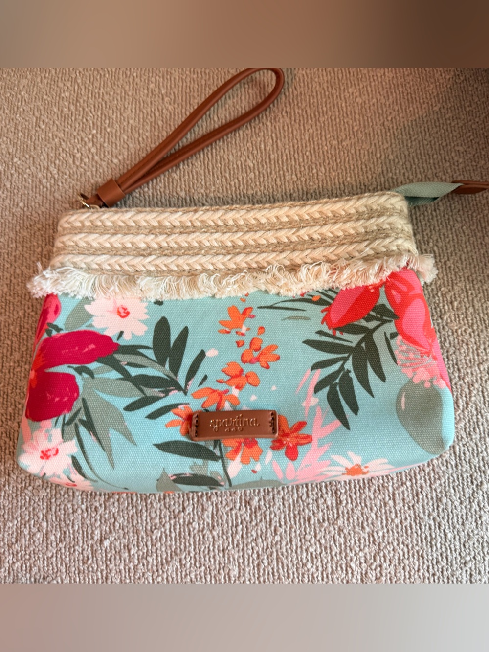 Spartina 449 Aqua Floral Wristlet Clutch with Coral and Pink Accents NWOT